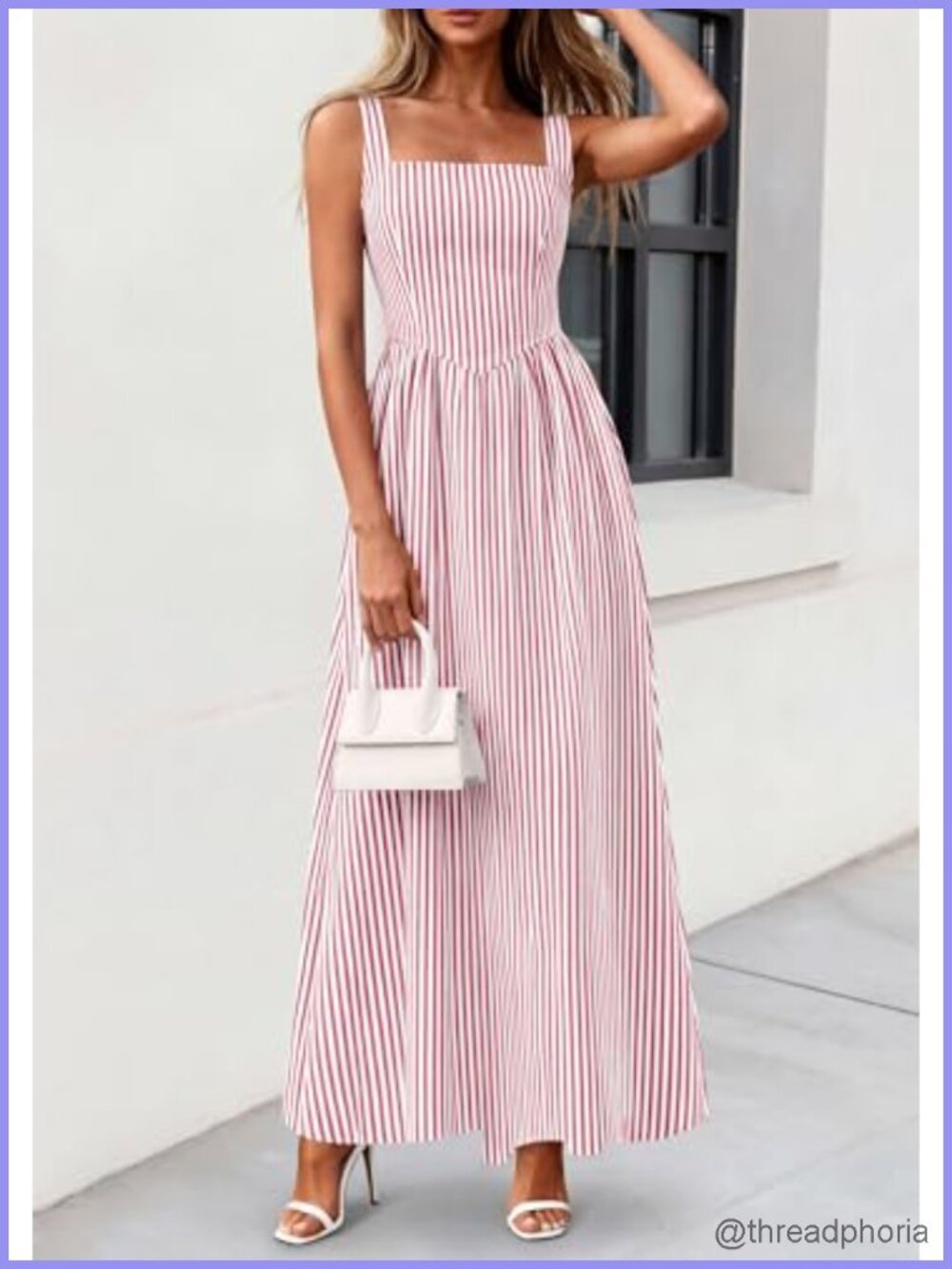 Women's Striped Maxi Dress Square Neck A-Line Summer Sundress - Picture 3 of 6